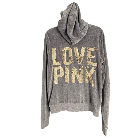 VS PINK Y2K Hoodie Dog Logo Sz Large Full ZIp Gray Velour Gold Sequin LOVE PINK - Picture 3 of 11